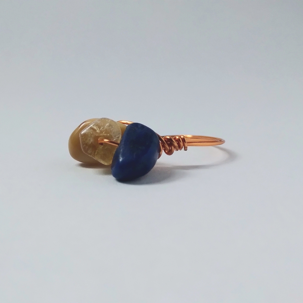 Beautiful Blue and Brown Gems Handmade Twisted Rusted Gold Wire Ring Size
